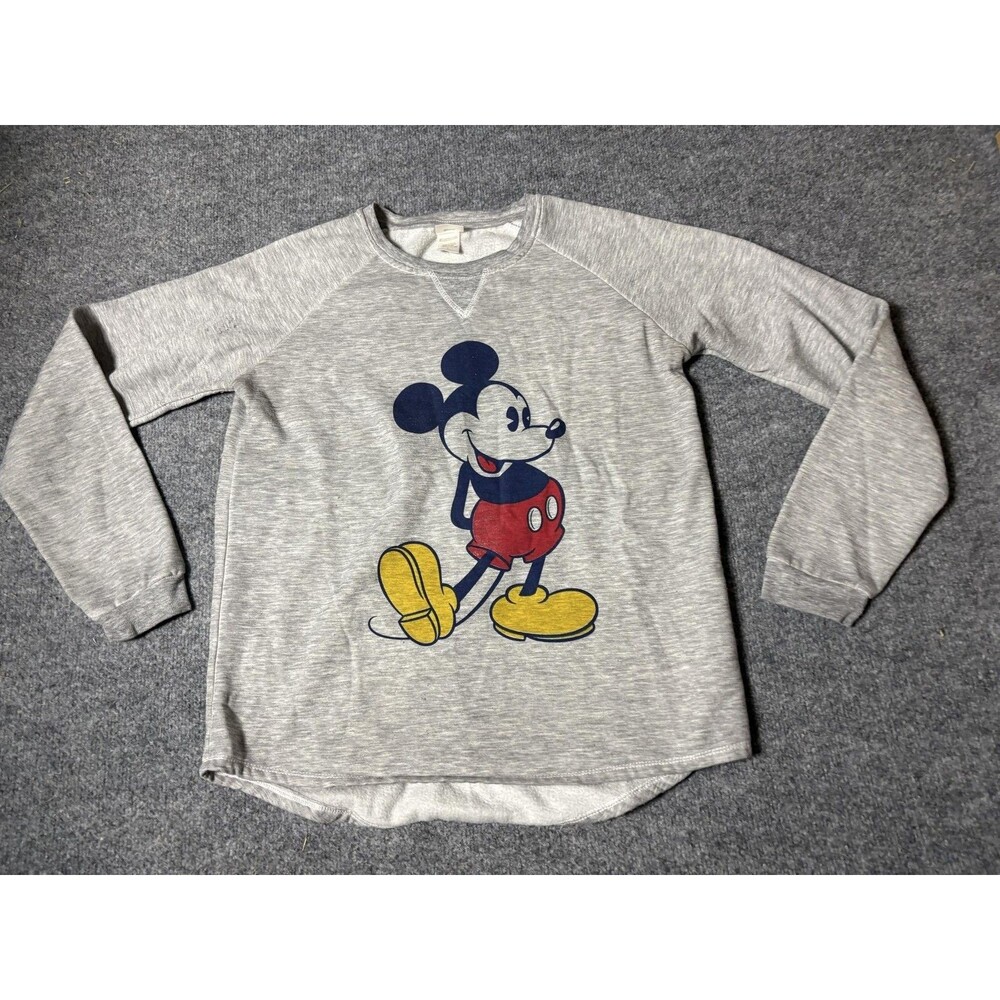 Disney Sweatshirt Womens L Gray Mickey Mouse Raglan Fleece Crew Neck Pullover